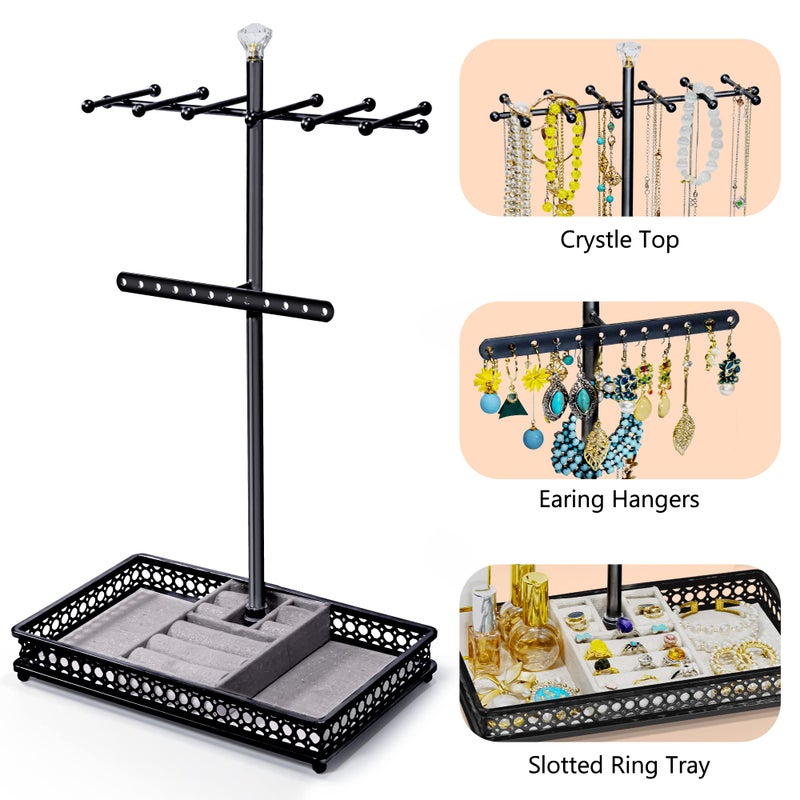 Meangood Jewelry Tree Stand Organizer 3in1 Necklace Organizer Display Bracelet Earrings and Ring Tray Jewelry Holder Hanger Metalï¼ˆBlackï¼‰ - Image 5